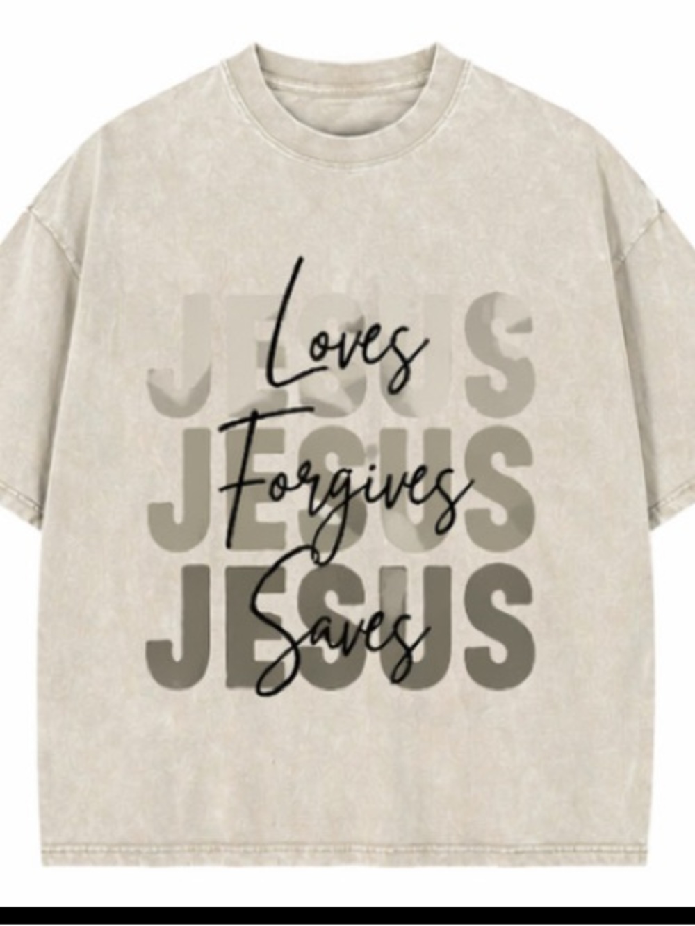 Women’s Beige Graphic Tee — Loves Forgives Saves Jesus